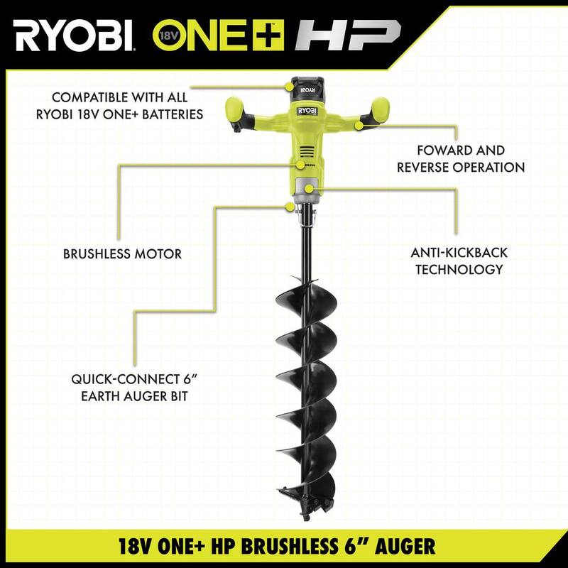 RYOBI ONE+ HP 18V Brushless Cordless Earth Auger with 4 in. and 6 in. Bit with 4.0 Ah Battery and Charger - P2930-4