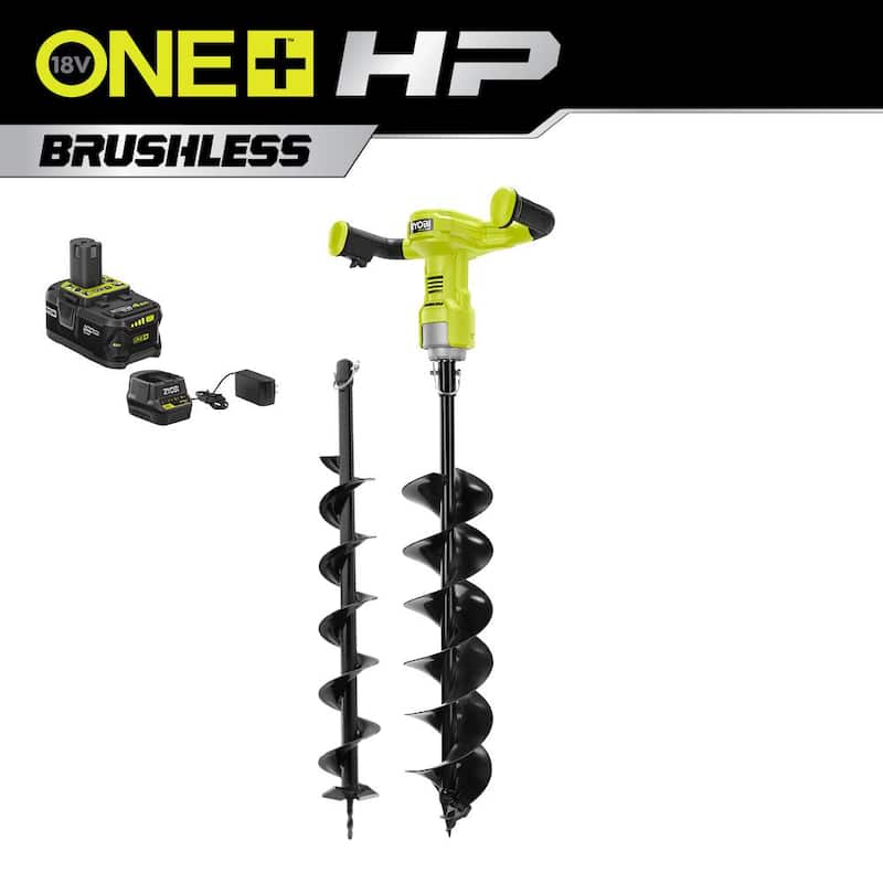 RYOBI ONE+ HP 18V Brushless Cordless Earth Auger with 4 in. and 6 in. Bit with 4.0 Ah Battery and Charger - P2930-4