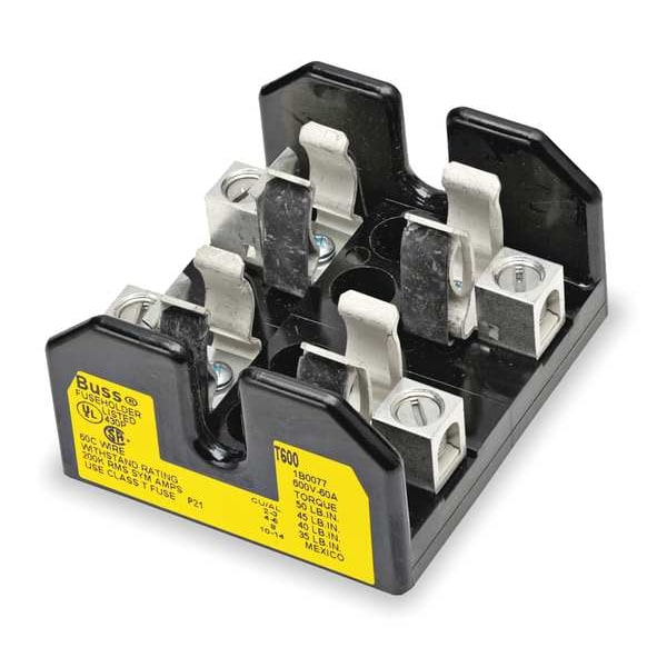 Eaton Bussmann Open Fuse Block, T UL Class, 2 Poles, 0 to 30A Amp Range, 600V AC/DC Volt Rating - T60030-2SR