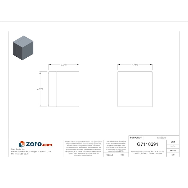 Wiegmann Polycarbonate Electrical Enclosures, 4.57 in H, 3.94 in D, 5 in W, NEMA 4X, Screw On - HW-S120120110