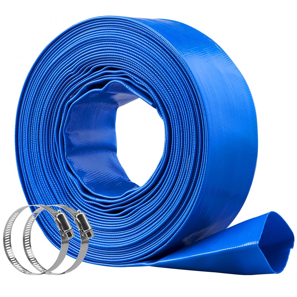 VEVOR Backwash Hose, 2 in x 50 ft, Heavy-Duty PVC Flat Pool Discharge Hose with Clamps, Weather and Burst Resistant, Compatible with Pumps, Sand Filters, for Swimming Pools Waste Water Draining, Blue - FCXRG250FTPVC21E7V0