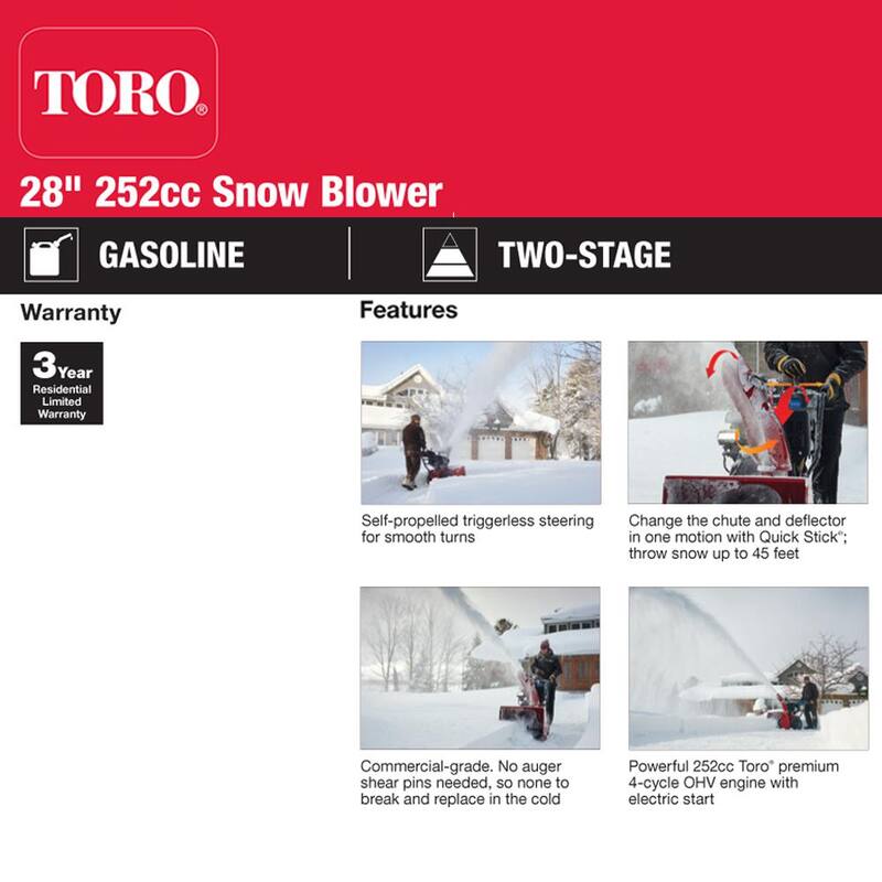 Toro Power Max HD 828 OAE 28 in. 252 cc Two-Stage Gas Snow Blower with Electric Start, Triggerless Steering and Headlight - 38838