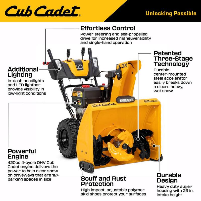 Cub Cadet 3X HD 30 in. 420 cc Three-Stage Gas Snow Blower with Electric Start Steel Chute Power Steering and Heated Grips - 3X 30 HD