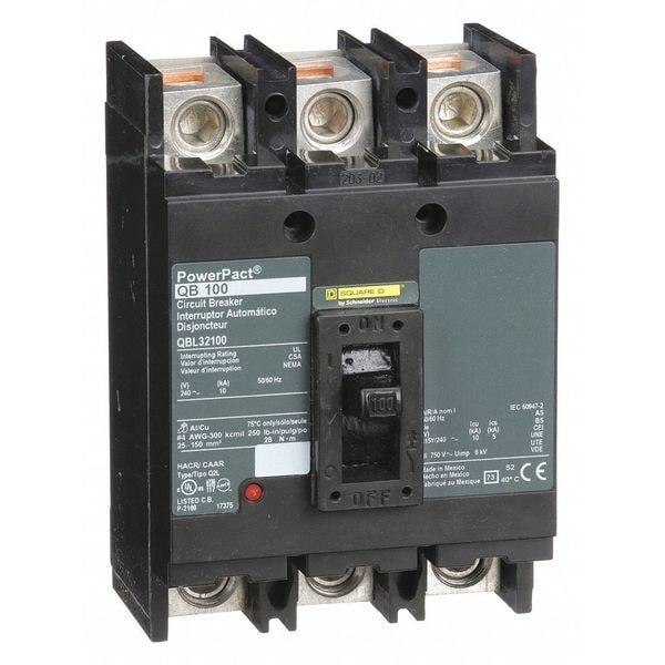 Square D Molded Case Circuit Breaker, QBL Series, 100A, 3 Pole, 240V AC, 10kA at 240V AC - QBL32100