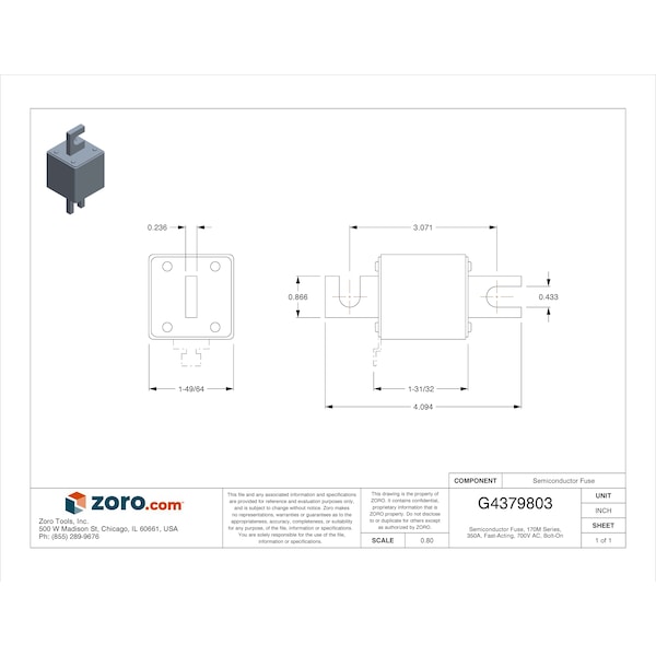 Eaton Bussmann Semiconductor Fuse, 170M Series, 350A, Fast-Acting, 700V AC, Bolt-On - 170M3018