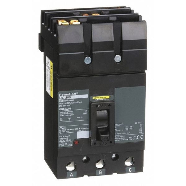 Square D Molded Case Circuit Breaker, QGA Series, 200A, 3 Pole, 240V AC, 65kA at 240V AC - QGA32200