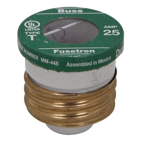Bussman Plug Fuse, T Series, Time-Delay, 20A, 125V AC, Indicating, 10kA at 125V AC - BP/T-25
