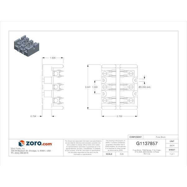 Eaton Bussmann Open Fuse Block, T UL Class, 3 Poles, 31 to 60A Amp Range, 300V AC/DC Volt Rating - T30060-3CR