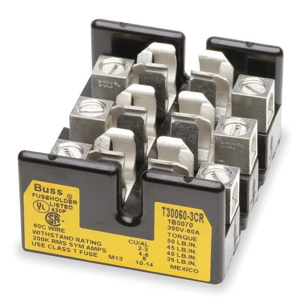 Eaton Bussmann Open Fuse Block, T UL Class, 3 Poles, 31 to 60A Amp Range, 300V AC/DC Volt Rating - T30060-3CR