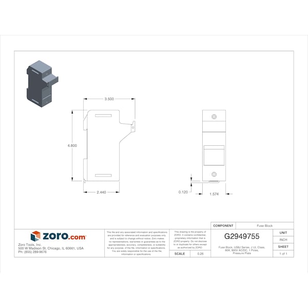 Mersen Finger Safe Fuse Block, J UL Class, 1 Poles, 31 to 60A Amp Range, 600V AC/DC Volt Rating - US6J1I