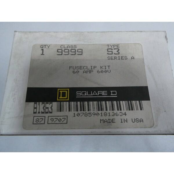 Square D Fuse Clip, H Fuse Class, 60A Max. Amps, 600V AC/DC Max. Volts, 0 to 60A Amp Range - 9999-S3