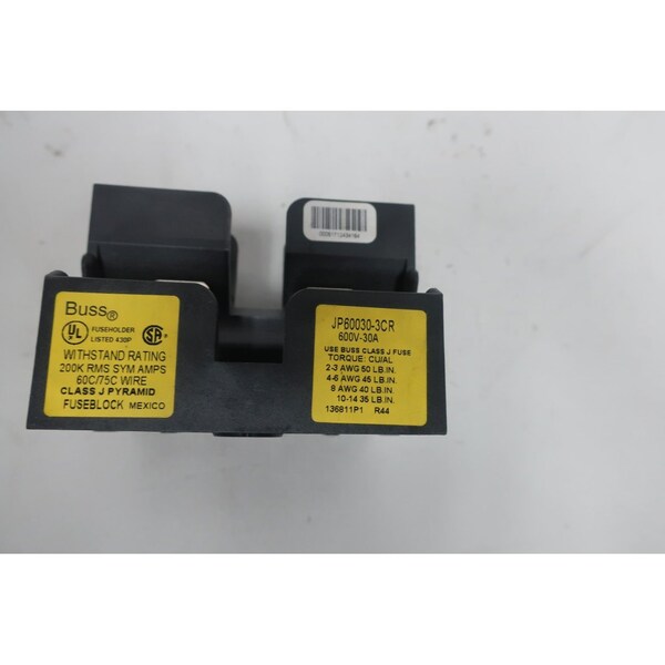 Eaton Bussmann Fuse Holder, 3 Poles, 600V AC/DC Volt Rating - JP60030-3CR