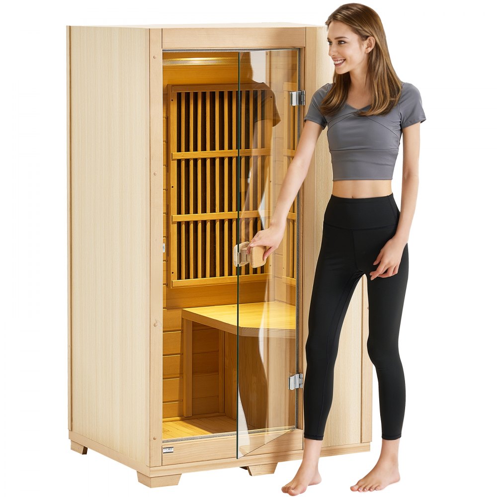 VEVOR Far Infrared Wooden Sauna, Room Home Sauna Spa for One Single Person, Low EMF Far Infrared Hemlock Wood Sauna with Tempered Glass Door & LED Reading Lamp & Bluetooth Speakers, 1140W Indoor Use - YHWMZSNF1RTS0O3NLV1
