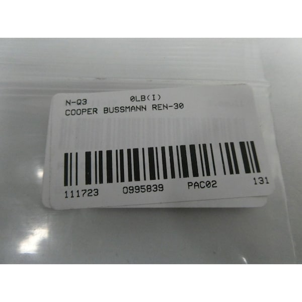 Eaton Bussmann Cartridge Fuse, REN Series, 30A, Time-Delay, 250V AC, Cylindrical, 10 PK - REN-30