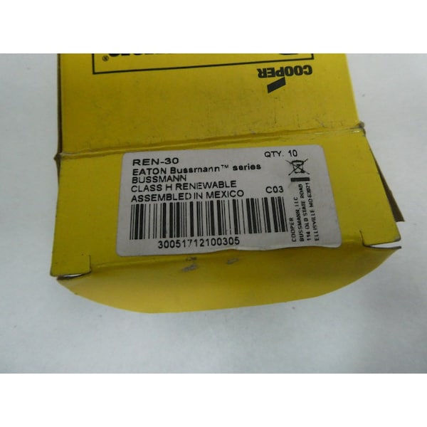 Eaton Bussmann Cartridge Fuse, REN Series, 30A, Time-Delay, 250V AC, Cylindrical, 10 PK - REN-30
