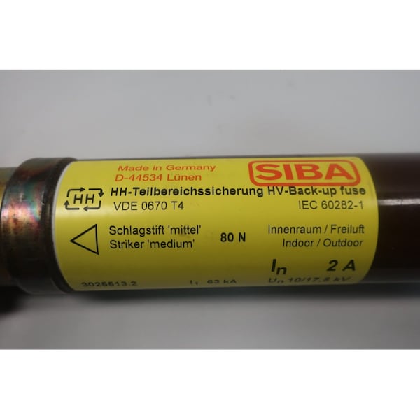 Siba Cartridge Fuse, 2A, 10000/17500V AC, Cylindrical - VDE 0670 T4 IEC 60282-1