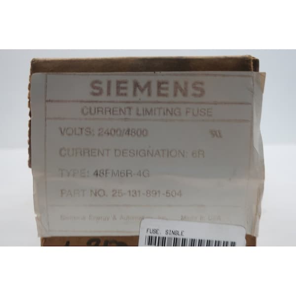 Siemens Cartridge Fuse, 6A, 4800V AC, Cylindrical - 48FM6R-4G