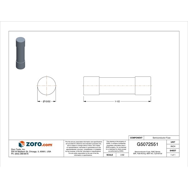 Eaton Bussmann Semiconductor Fuse, FWC Series, 30A, Fast-Acting, 600V AC, Cylindrical - FWC-30A10F