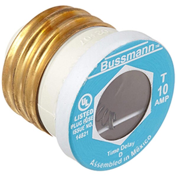 Eaton Bussmann Plug Fuse, T Series, Time-Delay, 10A, 125V AC, Indicating, 10kA at 125V AC - T10