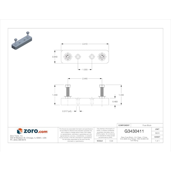 Eaton Bussmann Open Fuse Block, J UL Class, 1 Poles, 10 to 800A Amp Range, 125V AC/80V DC Volt Rating - 4164