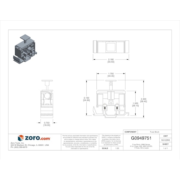 Square D Open Fuse Block, H UL Class, 1 Poles, 600V AC/DC Volt Rating - 9080GF6