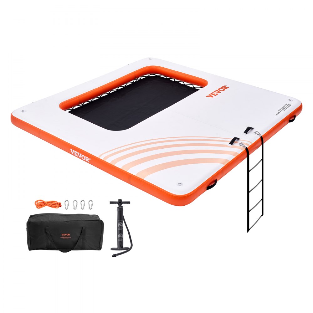 VEVOR Inflatable Floating Dock, 10x10FT Inflatable Dock Platform with 4*7FT Trampoline Mesh Pool, Non-Slip Floating Platform Water Mat with Portable Bag & Detachable Ladder for Pool Beach Relaxation - CQFT10X10FTB8PERIV0