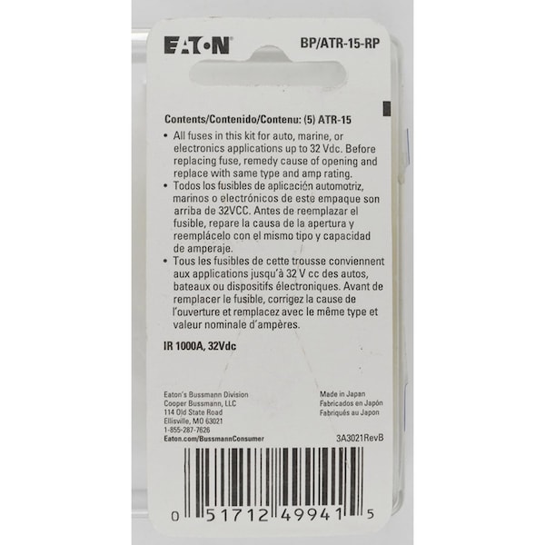 Eaton Bussmann Automotive Fuse, ATR Series, 15A, 32V DC, Non-Indicating - BP/ATR-15-RP