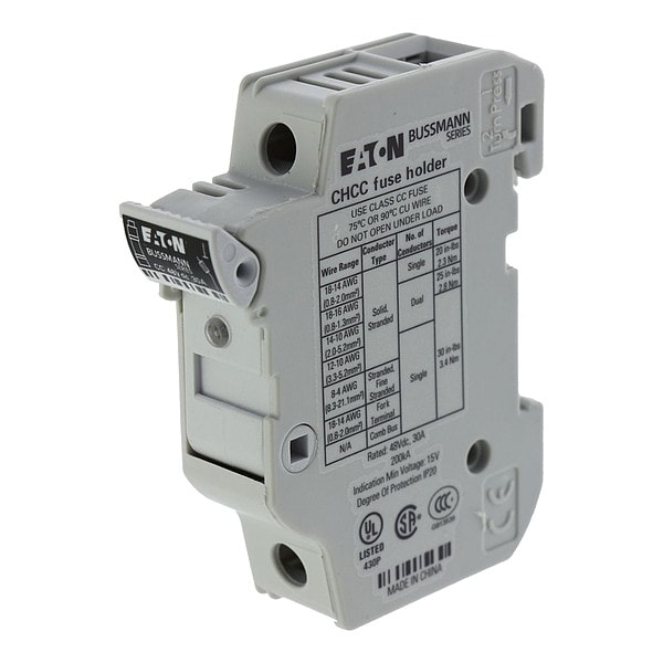 Eaton Bussmann Finger Safe Fuse Block, CC UL Class, 1 Poles, 0 to 30A Amp Range, 48V DC Volt Rating - CHCC1DI-48U