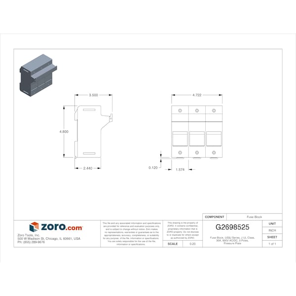 Mersen Finger Safe Fuse Block, J UL Class, 3 Poles, 0 to 30A Amp Range, 600V AC/DC Volt Rating - US3J3