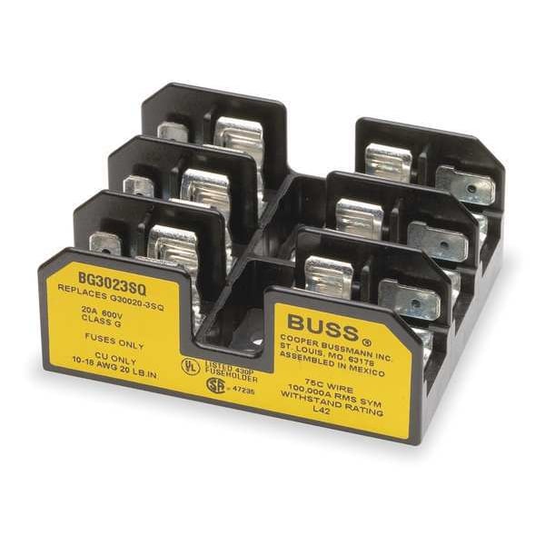 Eaton Bussmann Open Fuse Block, G UL Class, 3 Poles, 20 A Amp Range, 600V AC/DC Volt Rating - BG3023SQ