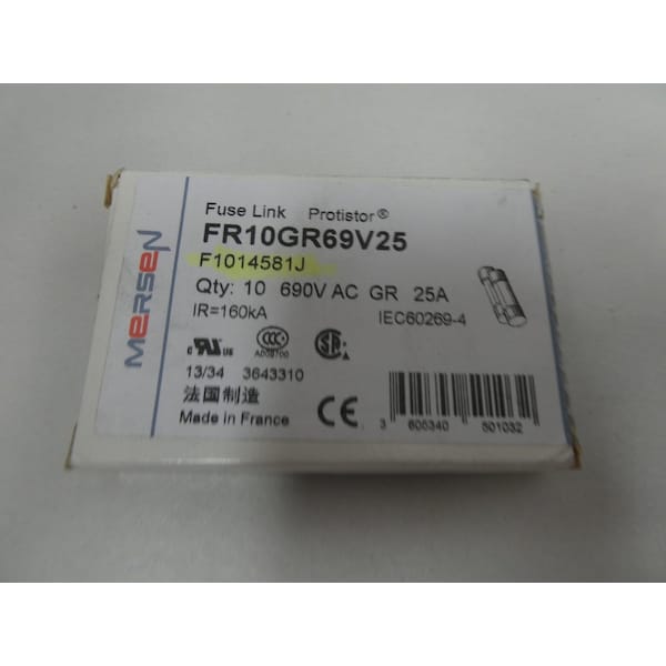 Ferraz Shawmut Cartridge Fuse, FR10 Series, 25A, 690V AC, Cylindrical, 10 PK - FR10GR69V25
