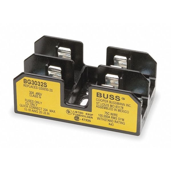 Eaton Bussmann Open Fuse Block, G UL Class, 2 Poles, 25 to 30A Amp Range, 480V AC/DC Volt Rating - BG3032S