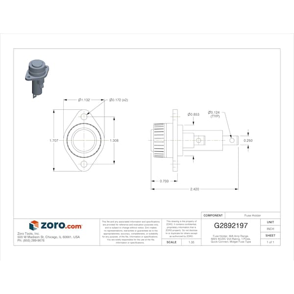 Mersen Fuse Holder, 1 Poles, 0 to 30A Amp Range, 600V AC/DC Volt Rating - GPM-B
