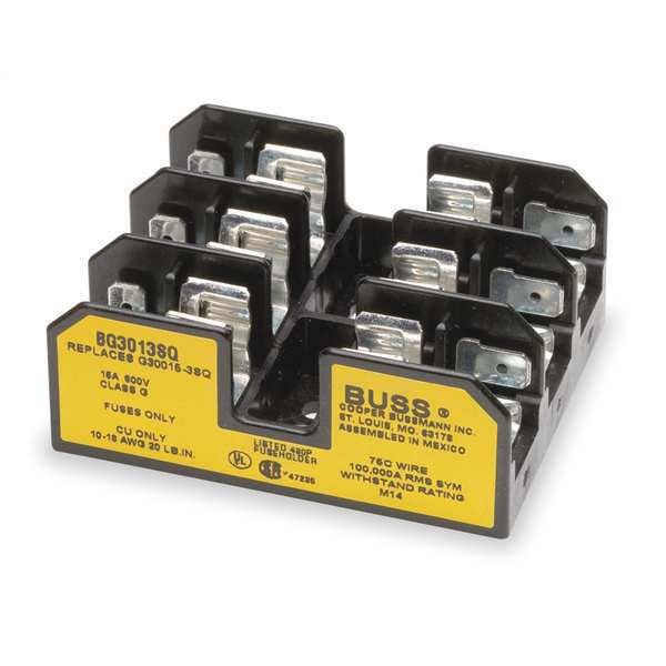 Eaton Bussmann Open Fuse Block, G UL Class, 3 Poles, 0 to 15A Amp Range, 600V AC/DC Volt Rating - BG3013SQ