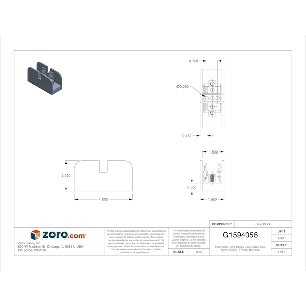 Mersen Open Fuse Block, J UL Class, 1 Poles, 31 to 60A Amp Range, 600V AC/DC Volt Rating - 60606J