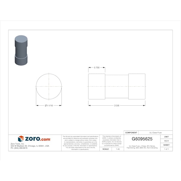 Eaton Bussmann UL Class Fuse, J Class, DFJ Series, Fast-Acting, 50A, 600V AC, Non-Indicating - DFJ-50