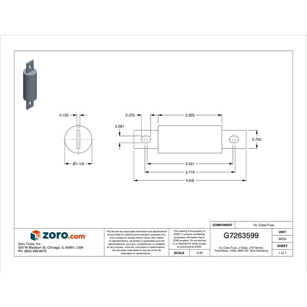 Littelfuse UL Class Fuse, J Class, JTD Series, Time-Delay, 100A, 600V AC, Non-Indicating - JTD100