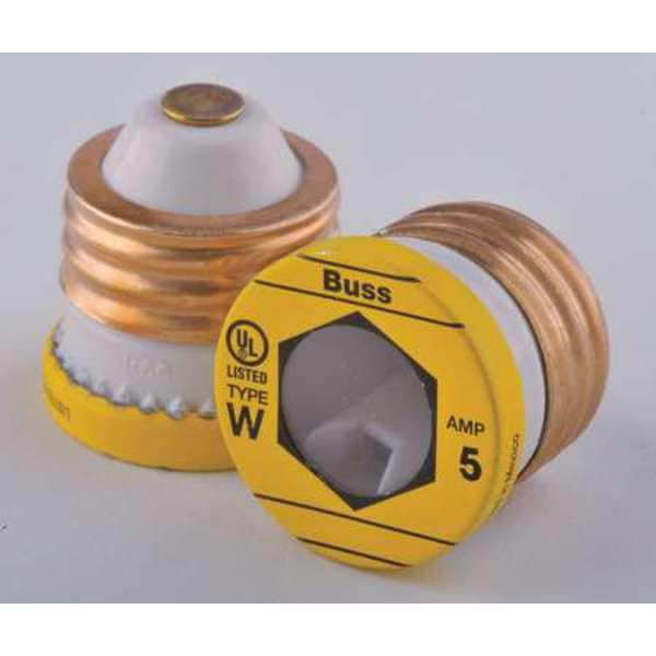 Eaton Bussmann Plug Fuse, W Series, Fast-Acting, 5A, 125V AC, Indicating, 10kA at 125V AC, 4 PK - W-5