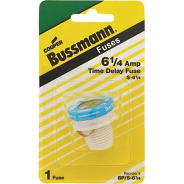 Bussman Electrical Plug Fuse, S Series, Time-Delay, 6.25A, 125V AC, Indicating, 10kA at 125V AC - 3209137