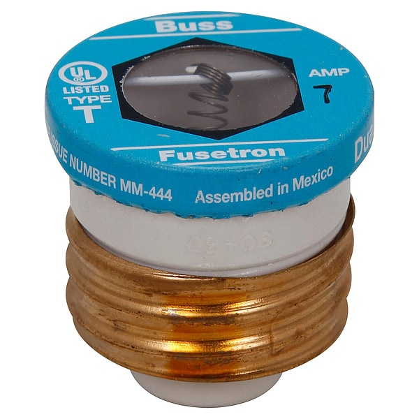 Eaton Bussmann Plug Fuse, T Series, Time-Delay, 7A, 125V AC, Indicating, 10kA at 125V AC, 4 PK - T-7