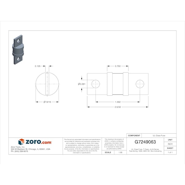 Littelfuse UL Class Fuse, T Class, JLLN Series, Fast-Acting, 100A, 300V AC, Non-Indicating - JLLN100