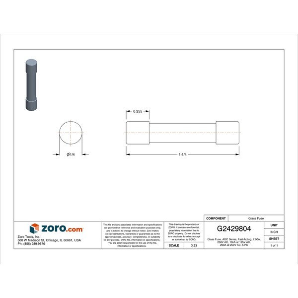 Eaton Bussmann Glass Fuse, AGC Series, Fast-Acting, 7.50A, 250V AC, 10kA at 125V AC, 200A at 250V AC, 5 PK - AGC-7-1/2-R