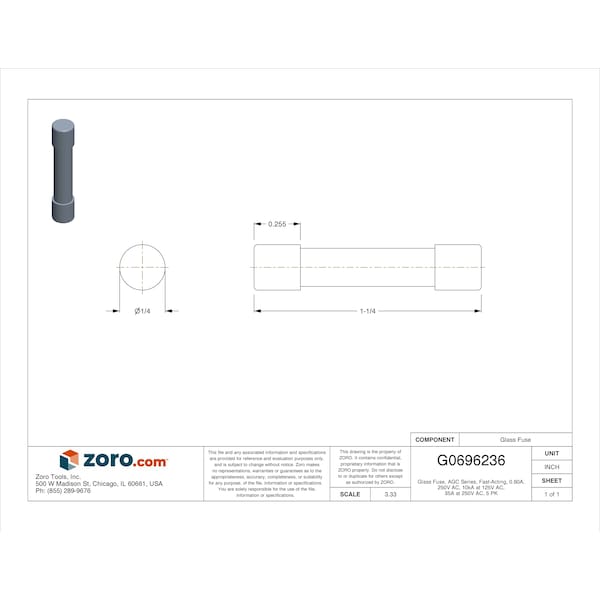 Eaton Bussmann Glass Fuse, AGC Series, Fast-Acting, 0.60A, 250V AC, 10kA at 125V AC, 35A at 250V AC, 5 PK - AGC-6/10-R