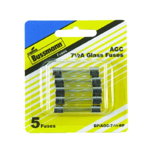 Eaton Bussmann Glass Fuse, AGC Series, Fast-Acting, 7.50A, 250V AC, 10kA at 125V AC, 200A at 250V AC, 5 PK - BP/AGC-7.5-RP
