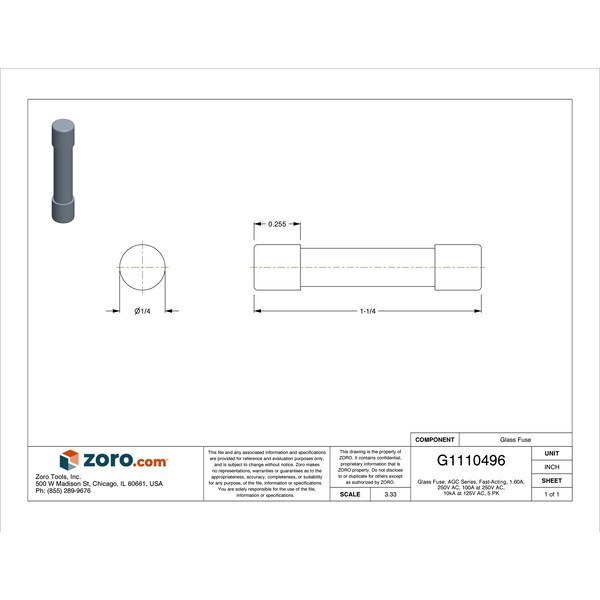 Eaton Bussmann Glass Fuse, AGC Series, Fast-Acting, 1.60A, 250V AC, 100A at 250V AC, 10kA at 125V AC, 5 PK - AGC-1-6/10-R