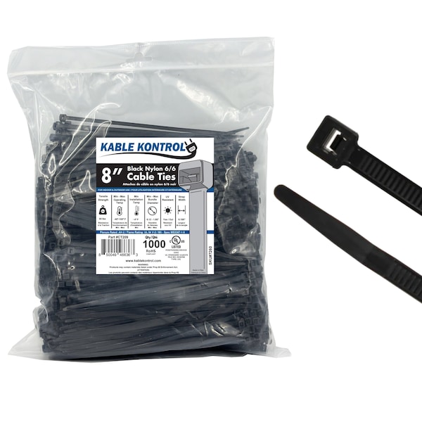 Kable Kontrol Cable Zip Ties 8" Inch Long - UV Resistant Nylon - 50 Lbs Tensile Strength - 1000 pc Pack - CT209