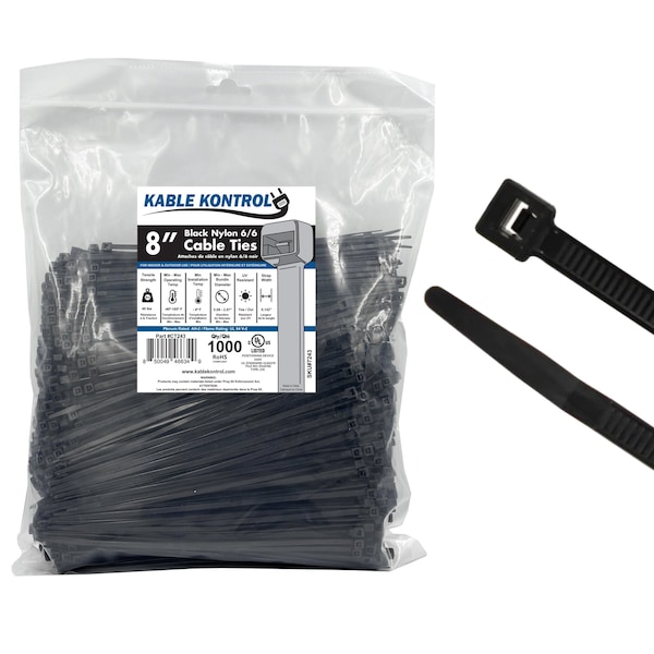 Kable Kontrol Cable Zip Ties 8" Inch Long - UV Resistant Nylon - 40 Lbs Tensile Strength - 1000 pc Pack - CT243