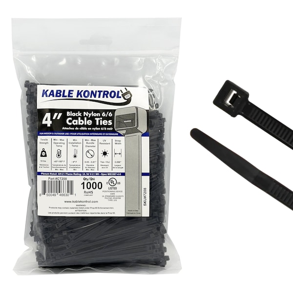 Kable Kontrol Cable Zip Ties 4" Inch Long - UV Resistant Nylon - 18 Lbs Tensile Strength - 1000 pc Pack - CT208