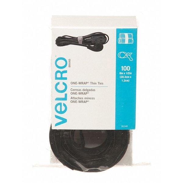 Velcro Brand 1/2" W x 8" L Hook-and-Loop Black One-Wrap Thin Strap, 100 pk. - 95172