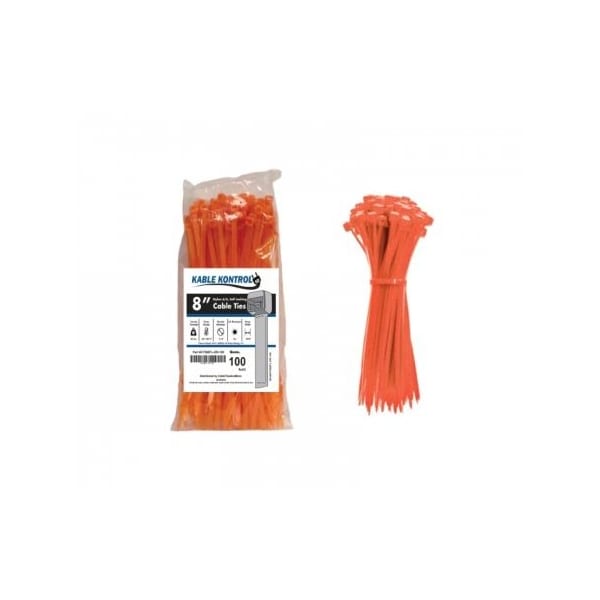 Kable Kontrol Zip Ties - 8in Long - 100 Pc Pk - Fluorescent Orange - Nylon - 50 Lbs Tensile Strength - CT508FL-OR-100